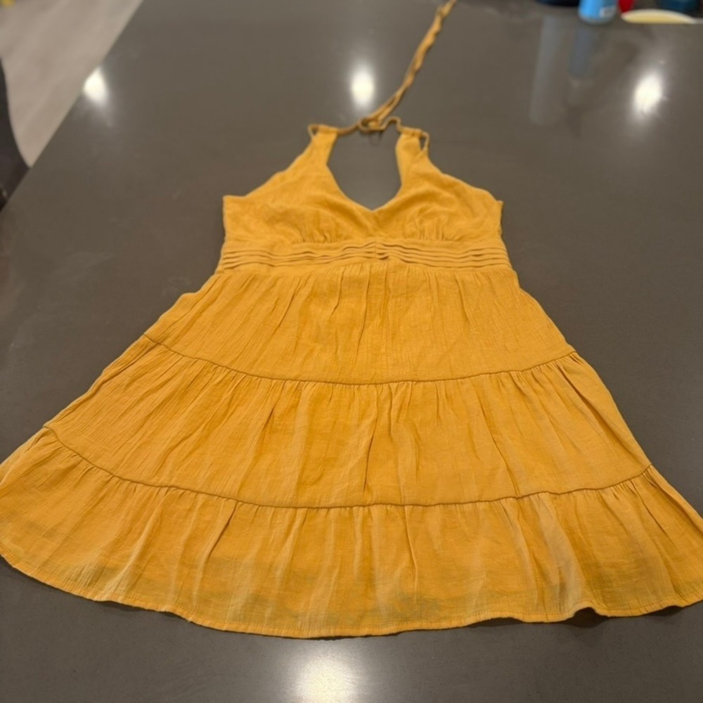 Blue Rain Mustard Yellow Tiered Halter Mini Dress Womens Large Boho Summer Sun